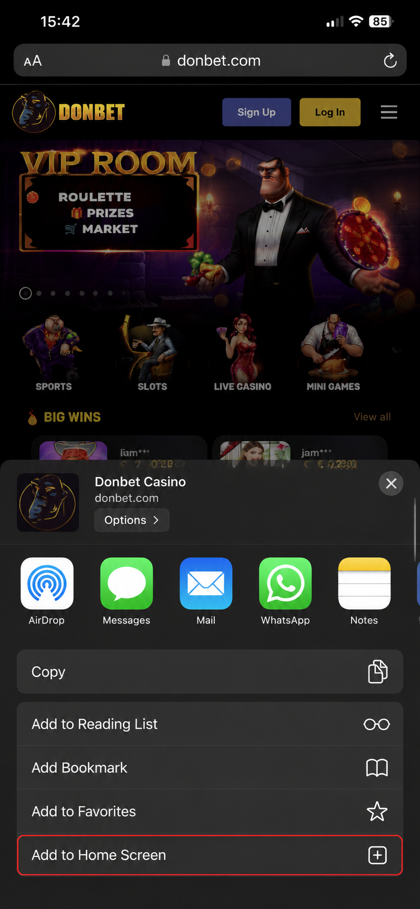 Aggiungi Donbet alla schermata Home su iPhone