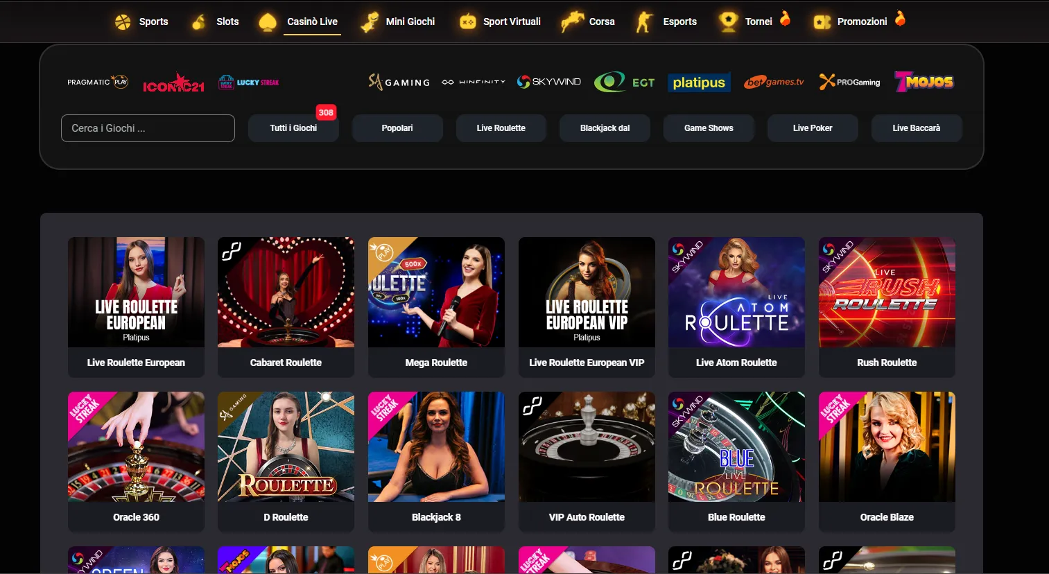 Lobby casinò live di Donbet con undici provider